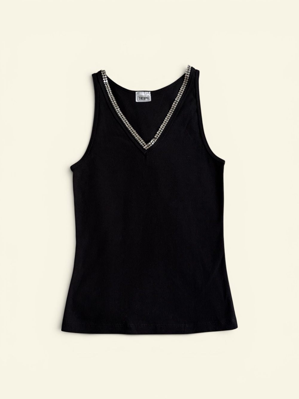 Vintage Y2K Tampa Black Rhinestone V-Neck Tank Top Ribbed Knit Sleeveless Size S